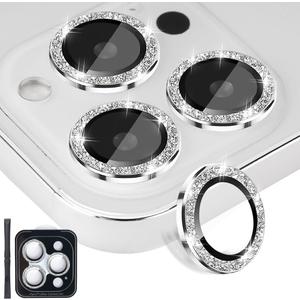 Camera Lens Protector for iPhone 13 Pro & iPhone 13 Pro Max, Tempered Glass Lens Protector Aluminum Alloy Ring Camera Cover Fits for iPhone 13 Pro/iPhone 13 Pro Max (Glitter Silver)