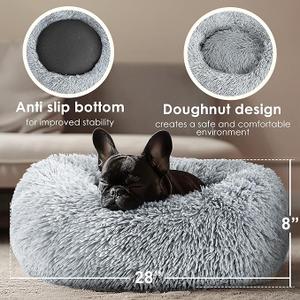 28in Large Dog Bed, Medium Size Dog and Cats, Calming Donut Bed for Puppy and Kitten, Washable Round Fluffy Pet Bed (Light Grey)