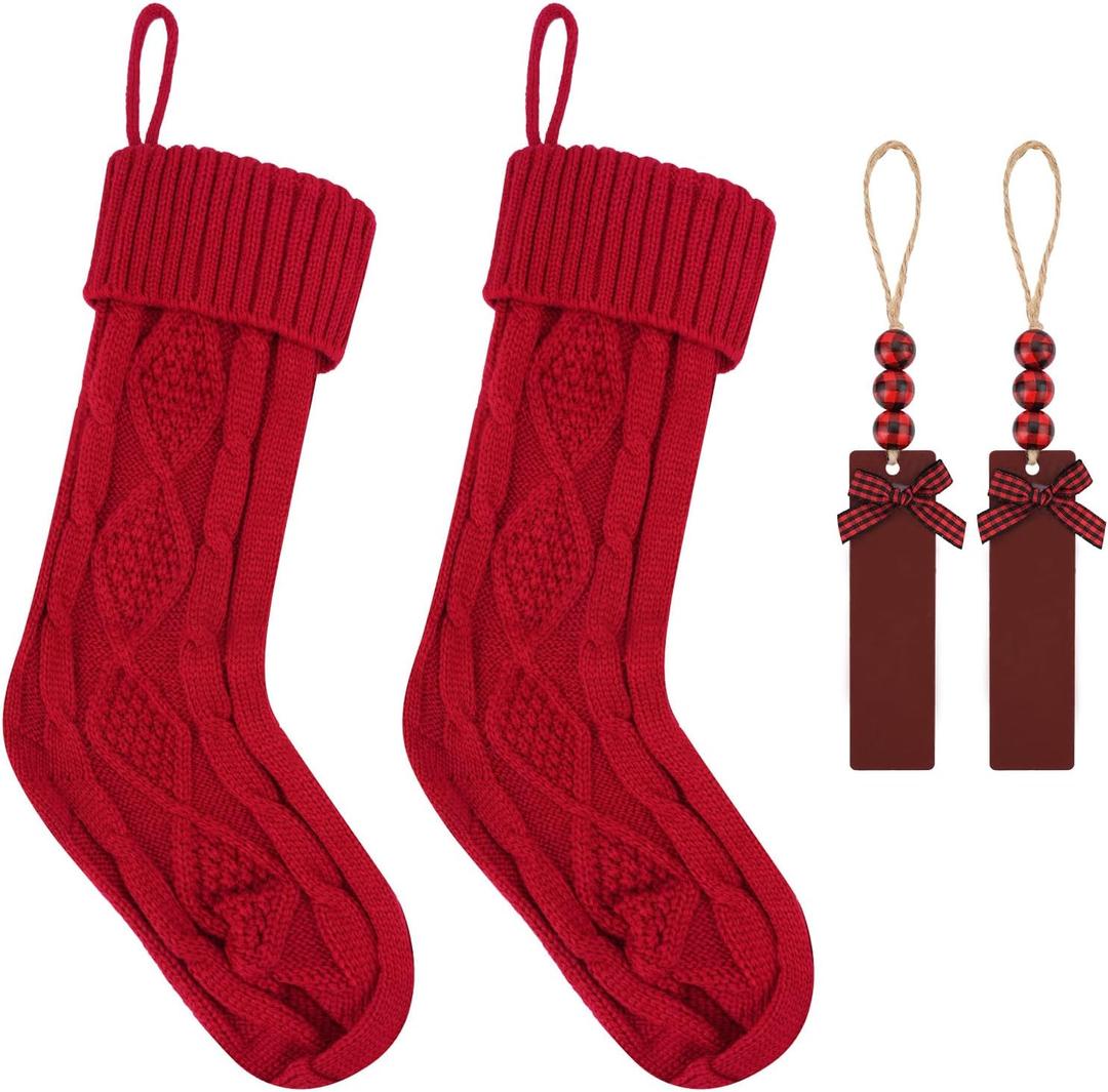 2Pack Personalized Christmas Stockings - 18 Inch Large Cable Knitted Xmas Hanging Stockings with DIY Wooden Name Tags for Family Holiday Decor (Red)