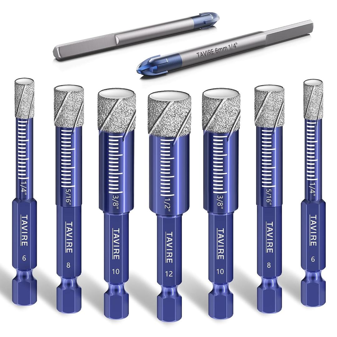 9-Piece Dry Diamond Drill Bit Set for Porcelain,Tile,Ceramic,Pot,Glass,Granite,Concrete,Masonry,Stone,Hard Materials, Hex Shank Tile Drill Bits 1/4",5/16",3/8",1/2", Ti&Tungsten Carbide Bit 1/4"