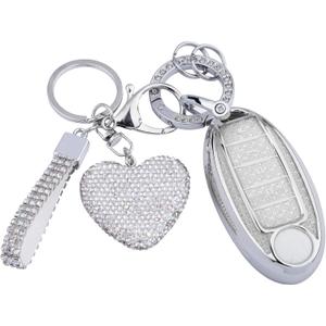Meruns Compatiable with Nissan 5 Buttons key fob cover with Diamond Bling Keychain, Car Accessories Keys Shell TPU for Altima Sentra Rogue Pathfinder Murano Armada Maxima Versa Smart Key,Silver Clear