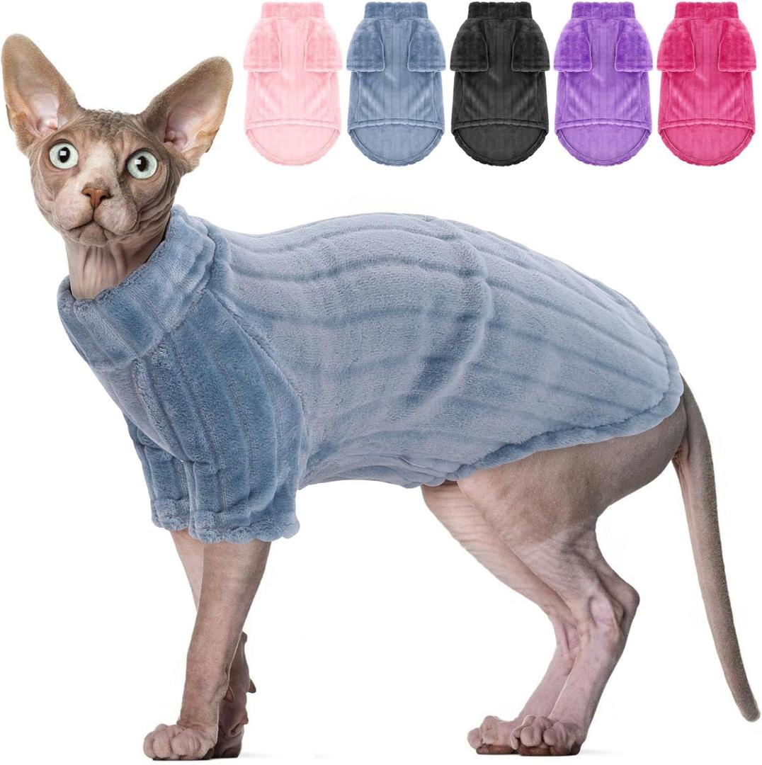 SUNFURA Sweaters for Cats, Hairless Sphynx Sweater Kitten Pullover with Sleeves, Warm and Soft Cat Pajamas Fleece Sweatshirt Jumpsuit, Turtleneck Clothes for Fall Winter, Blue M