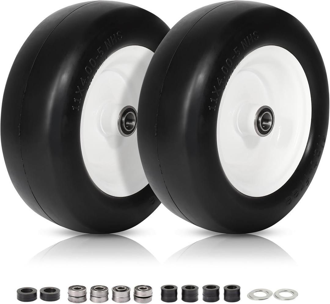 11x4.00-5 Lawn Mower Tires Flat Free, Zero Turn Mower Front Tires, 11x4-5 Solid Mower Wheel for Residential and Commercial, 3/4" or 5/8" Bushings, 3.4"-4"-4.5-5" Centered Hub, 2 Pack (White)