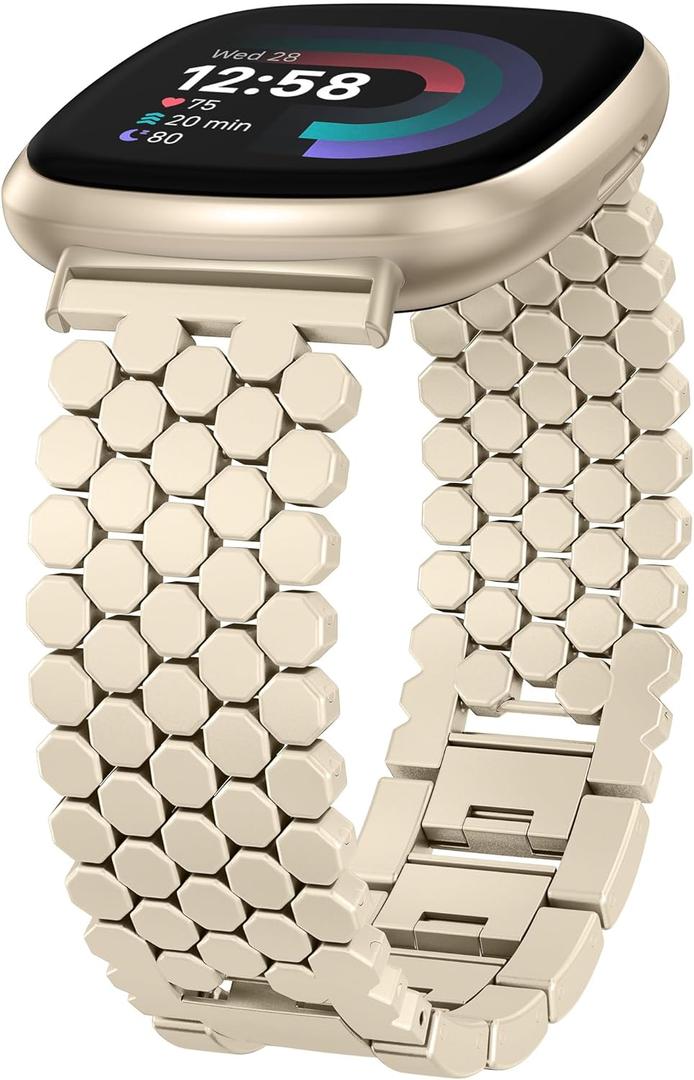 Minyee Metal Bands Compatible with Fitbit Sense 2/Versa 4/Versa 3/Sense Bands Women, Dressy Stainless Steel Chain Honeycomb Designer Luxury Chic Link Bracelet Wristband Replacement Strap for Versa 4 (Champagne Gold)