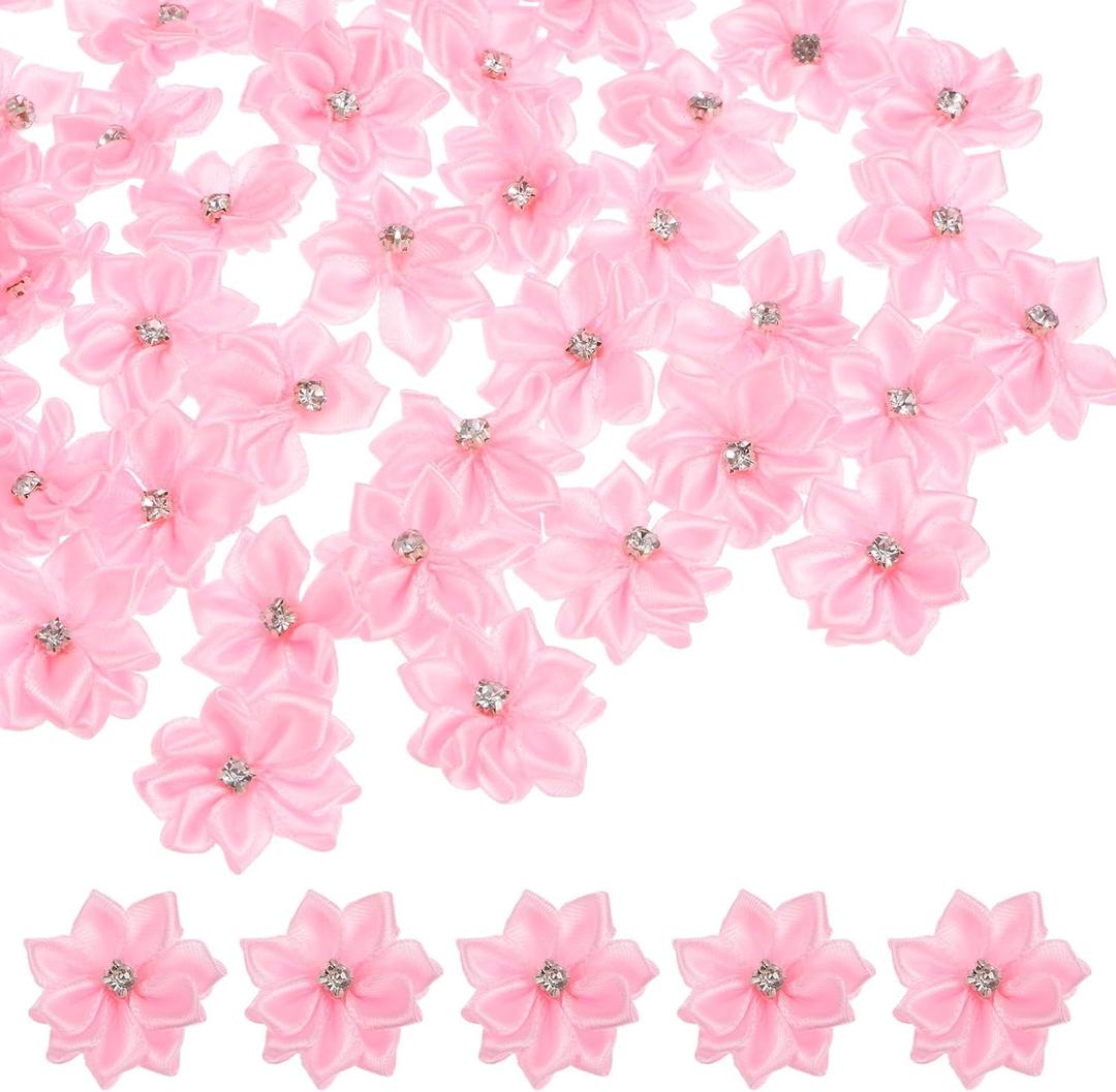 M METERXITY 150-pack Pink Satin Ribbon Flowers, 1.2 Inch Mini Fabric Flowers with Rhinestones for Crafts, Weddings, Holidays