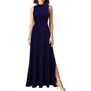 WOOSEA Women Sleeveless High Neck Split Evening Cocktail A-Line Long Dress Navy Blue (Blue)
