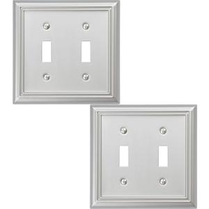 Double Toggle Light Switch Cover Adler Metal Wall Plate, 2-Pack Brushed Nickel 2 Gang, Light Switch Cover Decorative Wallplate, Durable