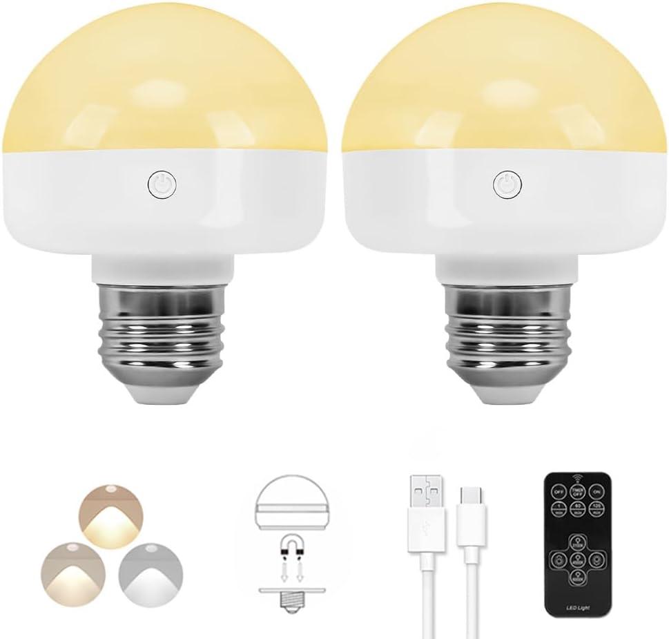 BLUEYE Rechargeable Light Bulbs,7W,350LM,40W Equivalent,Remote Control,E26 Detachable Charging,3 Color Temperatures,Battery Operated Puck Emergency Lamp,Timer,Dimmer,for Non-Hardwired,2Packs