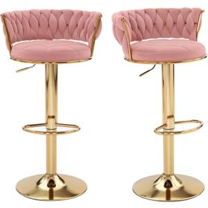 VECELO Bar Stools Set of 2, Adjustable Barstools Counter Height Stools with Back and Arm, Velvet Woven Kitchen Island Stools w/Gold Metal Leg Base, 360 Swivel Bar Chair, Pink