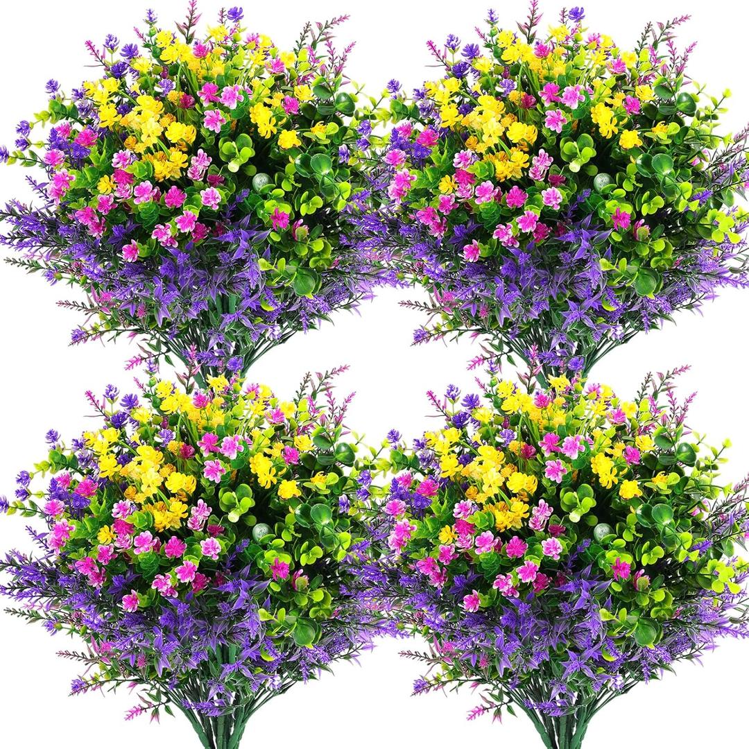 Hananona 12 Pcs Artificial Flowers Outdoor, Faux Artificial Plants UV Resistant Plastic Flower Bulk for Hanging Planter Porch Window Home Wedding Fall Summer Decor (12, Multiple Color) (Fuchsia, Purple, Yellow, Green)