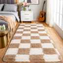 Pionblank Checkered Rug for Bedroom 2x6, Fluffy Runner Rugs for Living Room, Super Soft Shaggy Bedside Carpet for Kids Room Nursery Teens Dorm Decor, Beige and Cream White