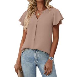 Womens Spring Tops Summer Dressy Casual Cute V Neck Ruffle Sleeve Blouses Flowy Shirts (Beige, S)