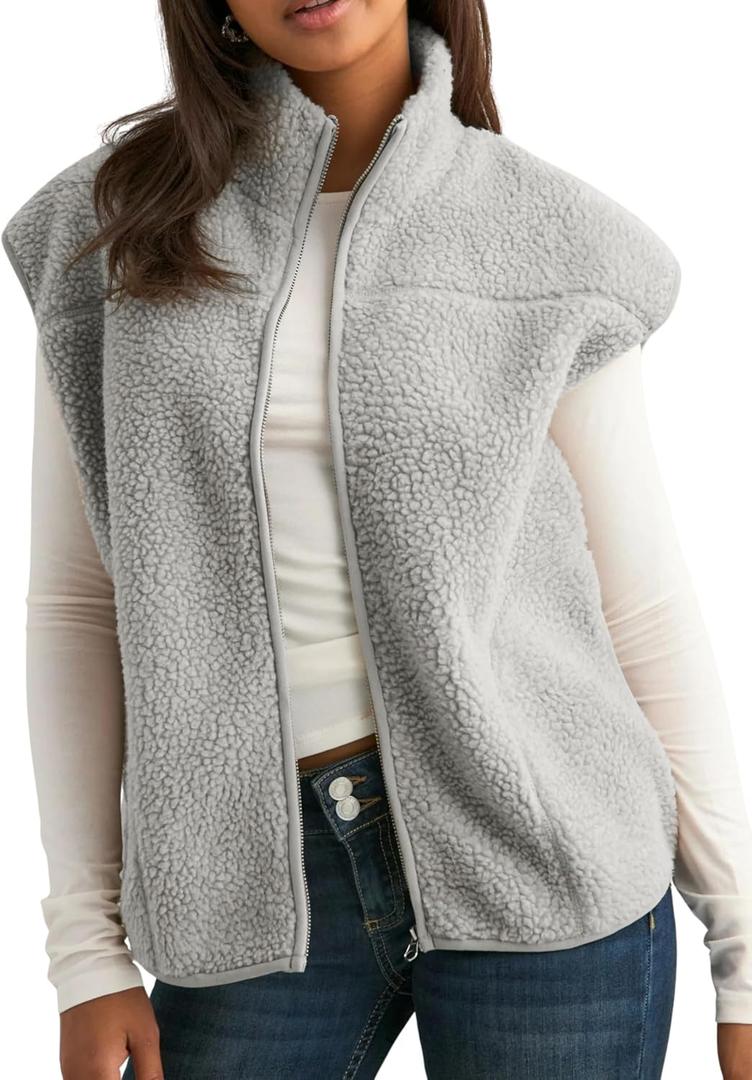 Tanming Womens Fuzzy Sherpa Fleece Vest Lightweight Cozy Sleeveless Gilet Zip Up Jacket with Pockets (Large, Grey)