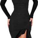 BORIFLORS Women's Sexy Ruched Bodycon Midi Dresses Elegant Mesh Long Sleeve Square Neck Ruffle Hem Cocktail Party Dress (Black) Small