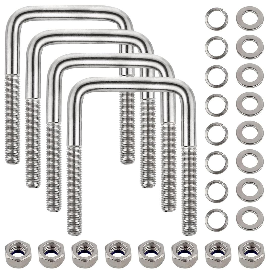 4 Set Stainless Steel Square U Bolt Kit for Boat Trailer, Heavy Duty U-Bolt with Nuts and Frame Plate for Automobiles Trailer, Ski Boat, and Sailboat Trailer (1/2" D x 3-1/16"W x 4-5/16"L)