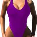 Foxiny Sexy Backless Cheeky High Cut Leg Thong V Neck One Piece Swimsuit (Purple, M)