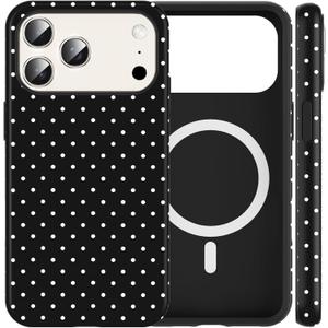 Vulfwela Cute Polka Dot Phone Case for iPhone 17 Pro Magnetic Case 6.3", Compatible with Magsafe, Aesthetic Trendy Pattern Design Women Girly Cover Hard PC Shockproof Soft TPU Protection Funda, Black