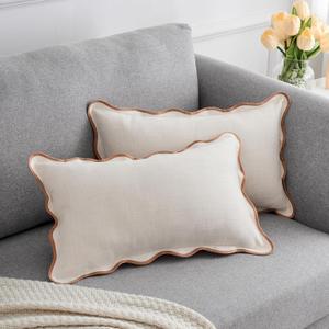 Scalloped Throw Pillow Covers 12x20 Inch Set of 2, Cotton & Linen, Boho Sytle Decorative Couch Bed for Living Room (Beige Pillow & Brown Edge)