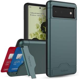 Wallet Case for Google Pixel 6, Dual Layer Case with Card Slot Holder and Kickstand for Google Pixel 6 - Dark Green