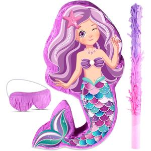 Mermaid Piata Bundle 18.9 Inch Birthday Party Supplies with Blindfold, Bat and Filler for Under the Sea Theme Birthday Party Carnival Activity Decorations