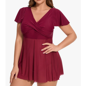 Women's Plus Size Swimsuit Ruffle Sleeve Swim Dress One Piece Tummy Control Bathing Suit V Neck Swimwear XXXL