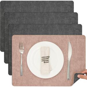 Myir JUN Placemats Set of 4, Dual Sided Faux Leather Indoor/Outdoor Mats - Square, Non-Slip, Washable (Gray Pink)