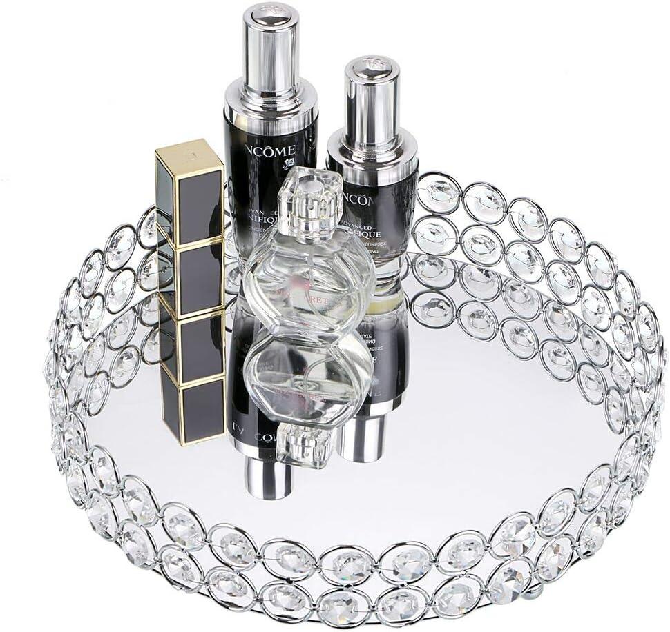 Hipiwe Crystal Make up Tray, Mirror Perfume Tray Bathroom Storage Trays Jewelry Trinket Trays Vanity Cosmetic Organizer Home Decor, Birthday Gift for Women and Girls (Round 9.8 Inch) (10" x 10" x 2.2", Silver)