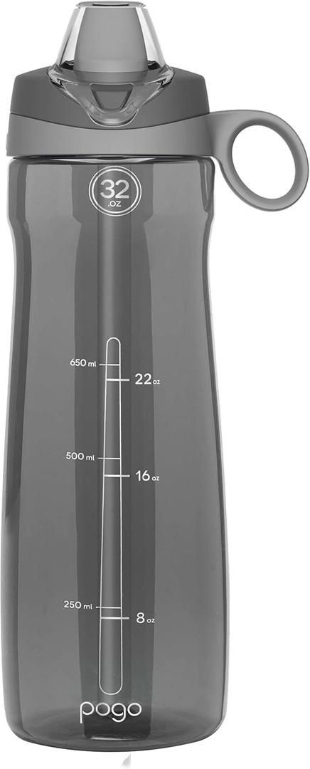 Pogo Plastic Water Bottle with Straw Lid and Carry Handle, Reusable, BPA Free, Dishwasher Safe, Perfect for Travel, School, Outdoors, and Gym | 32oz (Grey)