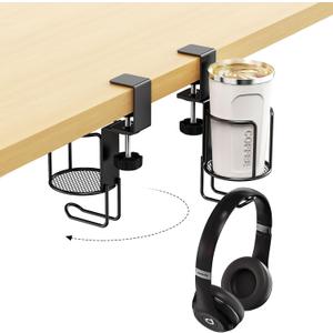 CABTE 2 in 1 Desk Cup Holder with Headphone Hanger Holder, Anti-Spill Clip-On Table Cup Hook with 360 Rotation for Lawn Chair, Office Home Gaming Table (1 Pack)