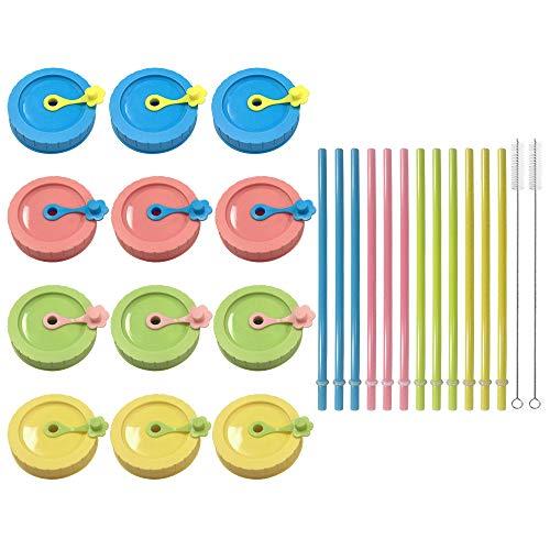 Mason Jar Lids,Regular mouth canning lids,Plastic Regular Mouth Mason Canning Lids with Straw Hole/Plastic Straws/Silicone Stoppers/Silicone Rings/Cleaning Brush,Decorative Mason Jars Caps (26 Pack)
