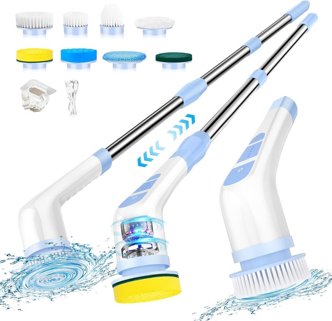 Electric Spin Scrubber Cordless Shower Scrubber with Long Handle, Cleaning Brush with 8 Replaceable Brush Heads, Electric Scrubber for Cleaning Bathroom Shower Floors Tub Tile (Blue)