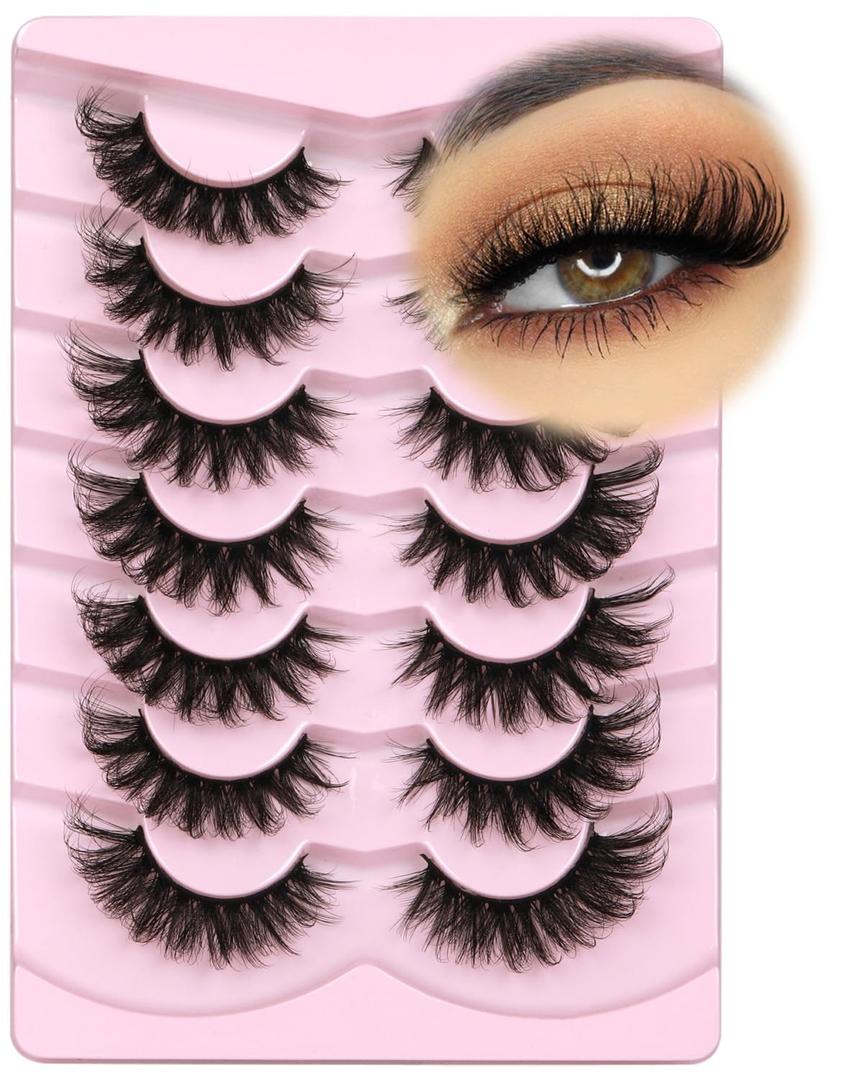 Mink Lashes Fluffy 6D False Eyelashes 17mm Wispy Cat Eye Lashes that Look Like Extensions Strip Lashes Pack