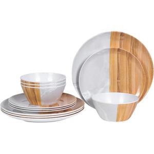 Melamine Dinnerware Sets for 4, 12-Piece Lightweight Outdoor Plates and Bowls Sets, Unbreakable Wooden Jade Pattern Flatware set