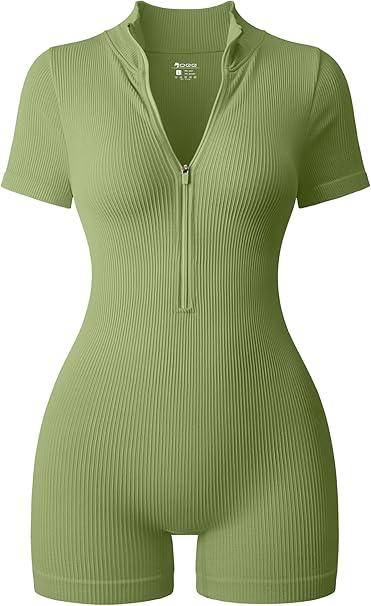 OQQ Women Rompers Ribbed Short Sleeve Zip Front Stretch Tummy Control Yoga Workout Rompers (Small)
