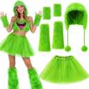 Shihanee 4 Pcs Furry Cartoon Monster Costume Accessories -tutu Skirt Furry Hat Gloves Leg Warmers for Women Cosplay (Green)