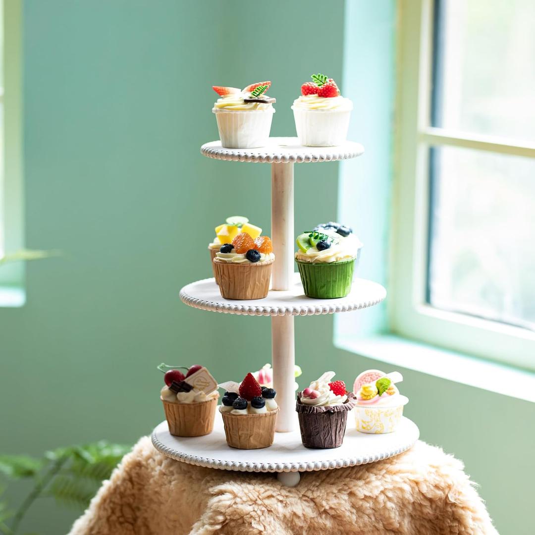 GENMOUS 3 Tier Beaded Cupcake Stand for Farmhouse Wedding Decor, Rustic Wood Cupcake Tower Holder for 24 Cupcakes, White Three Tiered Serving Tray Dessert Display Stand for Birthday Party Baby Shower