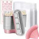 Findful Mini Loaf Baking Pans with Lids and Spoons (50 Pack, 6.8oz) Rectangle Aluminum Foil Baking Pans Tins Containers - Cupcake Containers Wrappers Cheesecake Creme Brulee Ramekins (Pink)