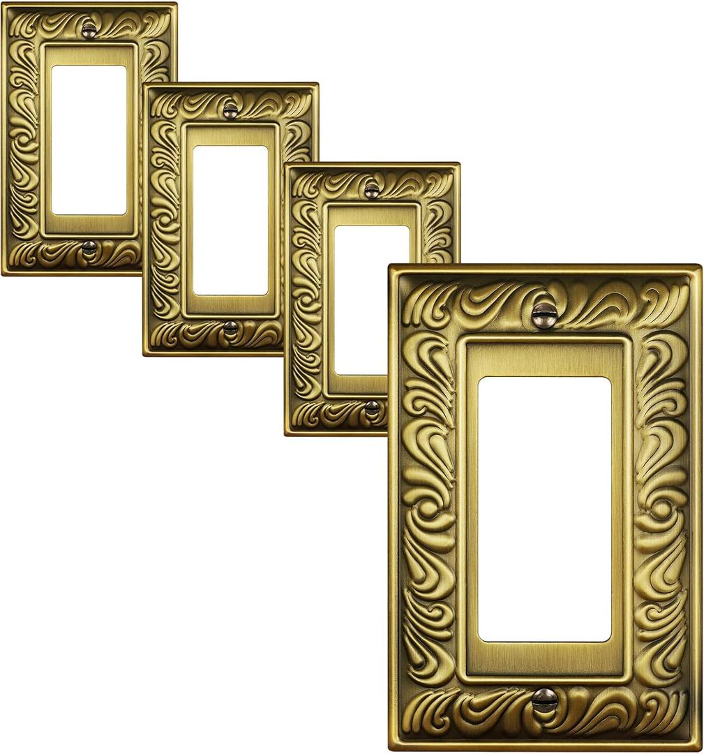 4-Pack Decorator Outlet Cover Plate, Paisley Pattern Decorative Switch Plates and Outlet Covers, Antique Brass Metal Wall Plates for Electrical Outlets, Receptacle, GFCI Outlet, Dimmer Switch