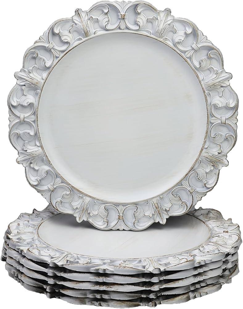 13" Antique White Charger Plates, Set of 6 Plastic Textured Chargers for Dinner Plates with Embossed Rim, Table Décor, Party, Wedding, Holiday