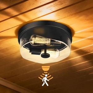 Motion Sensor Ceiling Light Indoor, 2-Light Flush Mount Hallway Lighting Fixtures, Black Modern Farmhouse Ceiling Lamp with Clear Glass for Kitchen Porch Entryway Bedroom Living Room