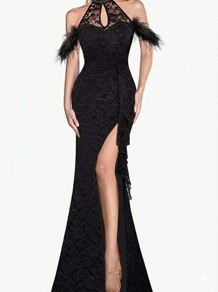 VFSHOW Womens Formal Prom Beaded Halter Neck Keyhole Maxi Dress Feather Cold Shoulder Ruffle High Slit Evening Gown S