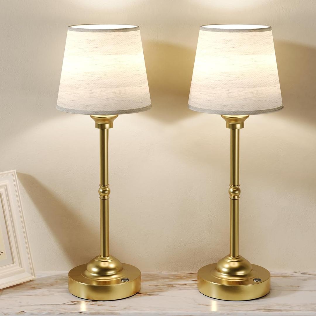 CHLORANTHUS 2 Pack Cordless Table Lamps, 3 Colors Stepless Dimming Fabric Desk Lamp, 6000mAh Rechargeable Battery LED Desk Lamp, Touch Night Light for Bedroom, Dining, Desk, Cafe
