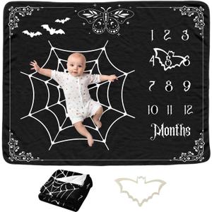 Gothic Baby Monthly Blanket for Boys, Goth Newborn Month Blanket, Soft Flannel Photography Background Prop, Moth Bat Halloween Personalized Shower Gift, Gothic