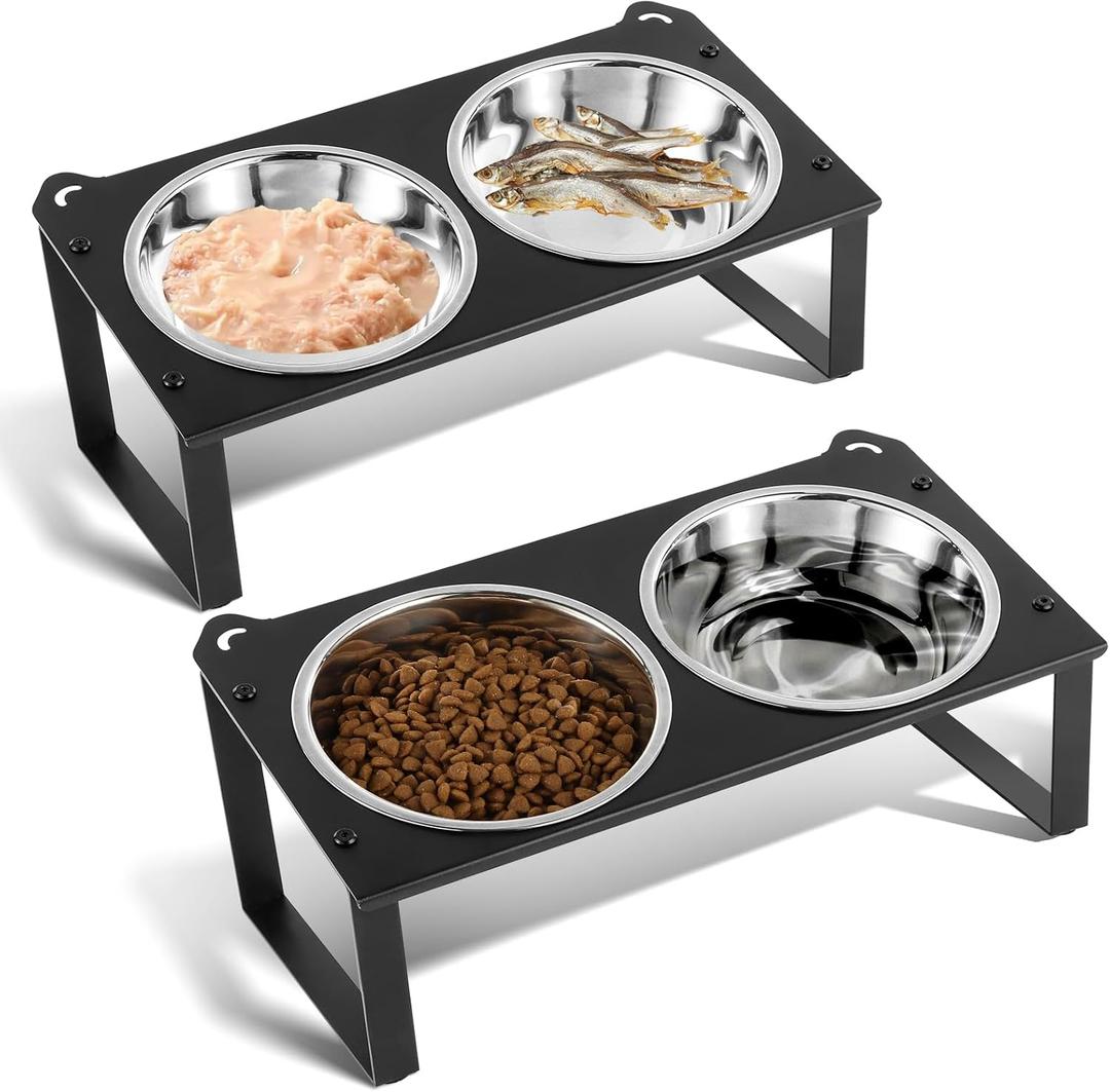 2 Set Elevated Cat Food Water Bowls, 4 Stainless Steel Bowls for Indoor Pet with Cute Metal Stand, 10 Tilted Anti-Vomiting Wide Shallow Raised Cat Dishes Whisker Friendly for Multiple Kitten,Puppy