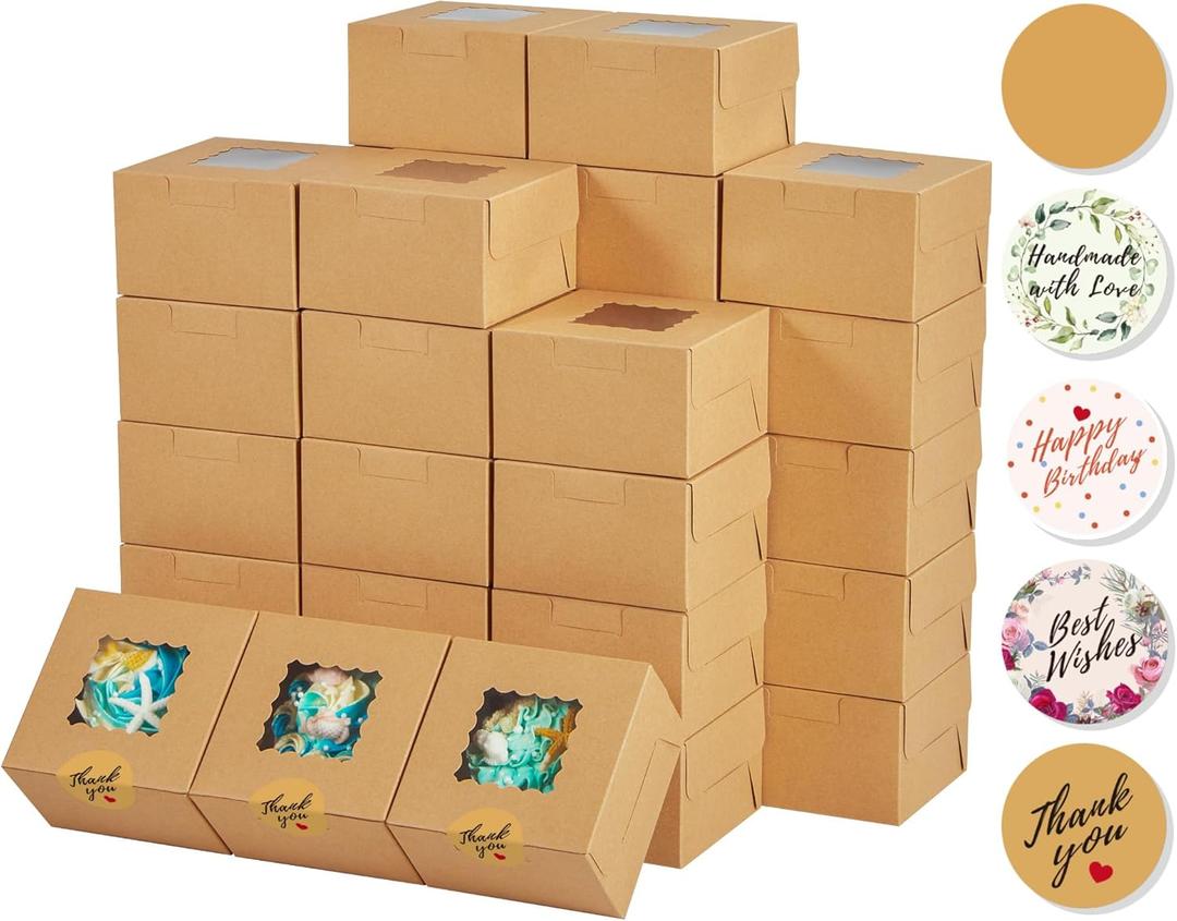 Kootek 50 Pcs Cookie Boxes with Window, 4x4x2.5 Inches Bakery Packaging for Valentine's Day & Mother's Day Gifts, Cupcake & Pastry Containers Tins for Desserts (Brown)