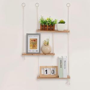 Boho Wall Shelves for Plants - 3 Tier Macrame Wall Hanging Shelves, Wooden Hanging Storage Floating Shelves, Rope Hanging Shelves for Wall Decor in Living Room, Bedroom, Bathroom