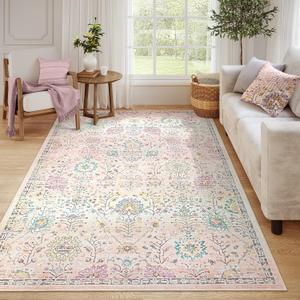 Lahome Flavie Light Pink Boho Rug, 6x9 Washable Rugs for Bedroom Girls, Soft Floral Kids Carpet with Non-Slip Backing for Nursery Playroom Kids Room