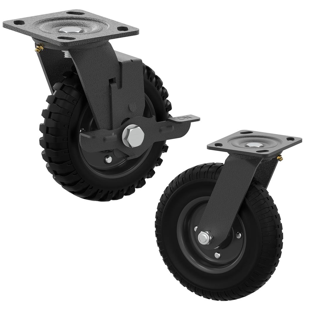 6 Inch Caster Wheels,Heavy Duty Swivel Plate Casters with Rubber Knobby Tread for Workbench,800lb Capacity, Dolly, Cart, Trolley, Wagon and Chicken Coop,- 1*with Brakes and 1*Without Brakes2 Packs