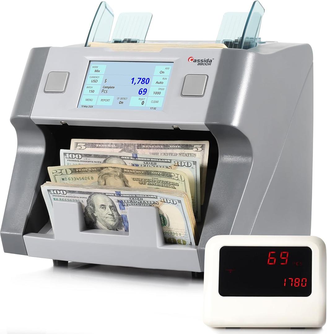 Cassida 8800R V2 USA Premium Bank-Grade Mixed Denomination Money Counter Machine, Advanced Counterfeit Detection, Multi-Currency, Includes External Display, Printing Enabled