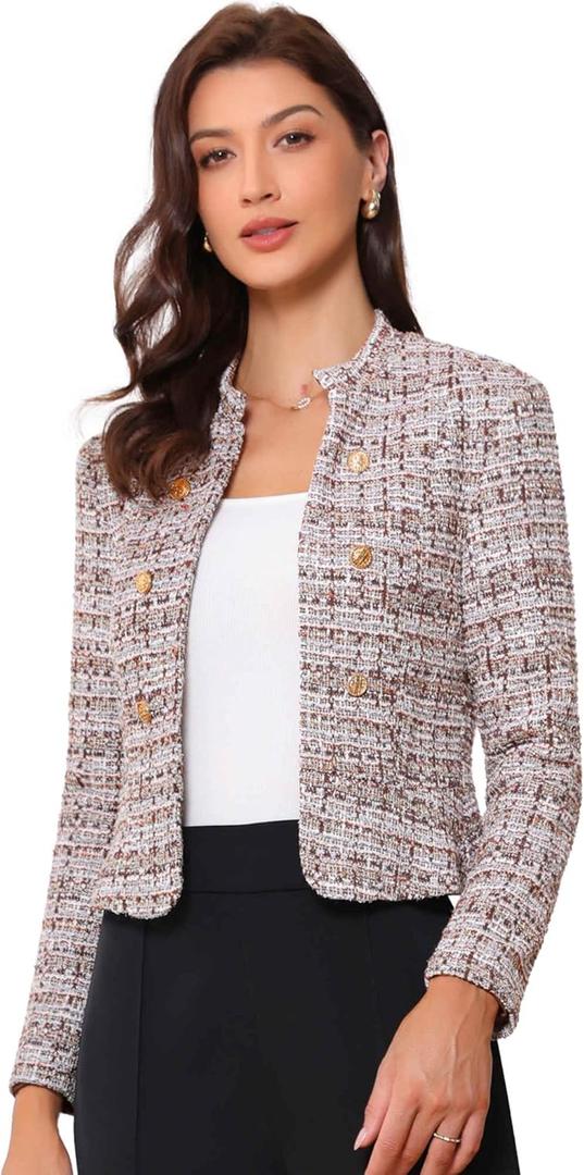Allegra K Vintage Tweed Jackets for Women's Stand Collar Business Open Front Cropped Blazer Jacket (Large, Brown)